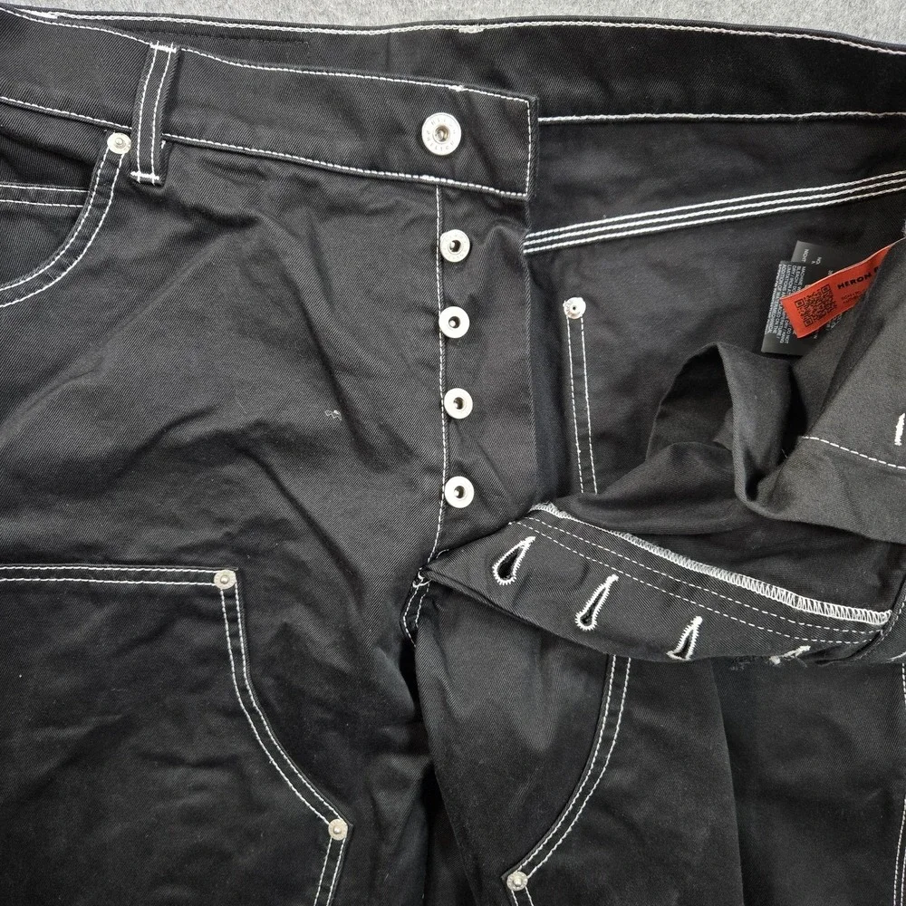 Heron Preston Pants Mens L 34x33 Black Carpenter Cargo Wide Leg Contrast Stitch